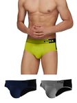 XYXX Men's Underwear Dualist IntelliSoft Antimicrobial Micro Modal Brief Pack of 3 (Steel Grey & Black;Black Iris & Black;Lime Punch & Black; L)