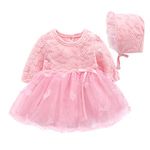 Newborn Infant Baby Girl Dress Lace Tulle Tutu Dress with Hat Long Sleeve Flower Girl Dress Baptism Christening Princess Wedding Romper Birthday Christmas Dresses Fall Winter Clothes Pink 0-3Months