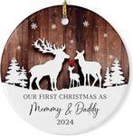 Our First Christmas As Mommy and Daddy 2024 Reindeer Ceramic Ornament, Gifts for New Dad Mom Parents Newborn Baby, Keepsake 1st Xmas As Mom & Dad, Family of Three First Christmas Ornament