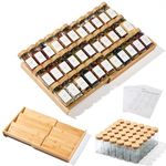 KitHero 3-Tier Expandable Bamboo Spice Drawer Organizer, Adjustable Width 12" to 21", Kitchen Storage with 36 Glass Jars & Bamboo Lids, 216 Labels, Non-Slip Design for Cabinet & Countertop