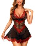 RSLOVE Women Lingerie Babydoll Sexy Nightwear Mesh Chemise Lace Nightdress Black Red S