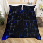 Geometric Duvet Cover Set Super King Size, Abstract Square Grid Print Comforter Cover with 2 Pillowcases, Royal Blue and Black Bedding Set 3pcs for Kids Boys Room Decor Lightweight Bedspread Cover