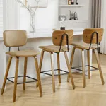 Bekrvio Counter Height Bar Stools Set of 3, PU Leather Upholstered Barstools with Backs, Bent Wood Legs, 26 Inch Seat Height, Mid Century Modern Counter Stools for Kitchen Island, Brown