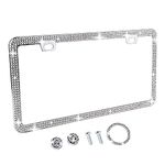 Bling Rhinestone License Plate Frame,Luxury White Diamond Inlaid Thin Border Car Plate Frame with Anti Theft Screw Caps