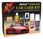 MAX Complete Car Care Kit - STANDARD (Pack of 5 Items of 200 ML Each, 1 Pc Microfiber Cloth 350 GSM, 3 Pcs Foam Applicators and 1 Pc Leather Keychain) for Car Cleaning, Washing, Conditioning and Polishing