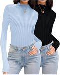 Ekouaer Turtleneck Shirt Women Ribbed Long Sleeve Shirts Lettuce Trim Mock Neck Tops Slim Fit Base Layer Black/Blue