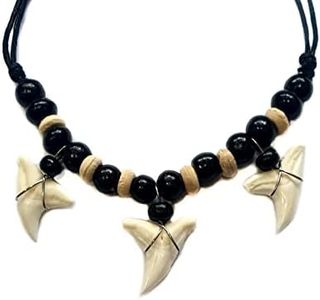 Swimmi 3! Genuine Shark Teeth Necklace for Men, Mako Shark Tooth Necklace, Handmade Wooden Beads adjustable Cords Shark Tooth Necklace for Women Jewelry GA377, Shark Tooth, No Gemstone