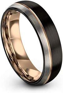 Midnight Rose Collection Tungsten Wedding Band Ring 6mm for Men Women Black & 18K Rose Gold Plated Offset Line Domed Half Brushed Polished Size 5
