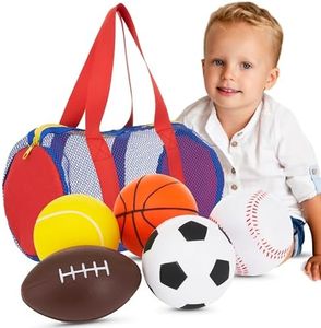 Neliblu Foam Sports Toys with Bag, Set of 5 – Includes Soccer Ball, Basketball, Football, Baseball and Tennis Ball - Suitable for Baby's Small Hands to Grab - Balls for Kids and Toddlers Ages 1-3