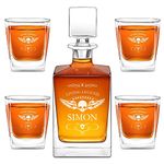 Maverton Customised Whiskey Set for Man - Stylish Carafe with 4 Glasses for him - Glass Bottle for Gentleman - Engraved Glassware for dad - Personalised Whisky Glasses for Birthday - Legend