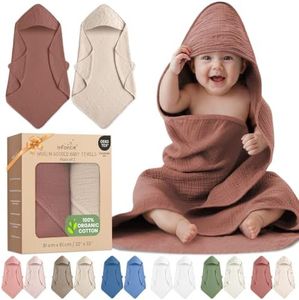 Organic Cotton Muslin Baby Hooded Towels - 32x32 Inch, 2 Pack Newborn Bath Towels for Boys & Girls, Soft & Absorbent Bath Set (Rust/Ivory)