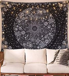 Neasow Bohemian Tapestry Wall Hanging, Black and White Floral Tapestry with Dotted Daisy Medallion Print Bedroom Boho Hippie Home Decor 36×48 inch