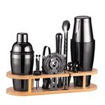 Cocktail Shaker Set with Stylish Bamboo Stand 17-Piece Martini Shaker, Drink Shaker, Stainless Steel Boston Shaker Bar Set, Professional Bar Tools for Drink Mixing, HomeParties-Black