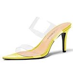 WAYDERNS Women's Clear Transparent Two Strap Peep Toe Patent Leather Slip On Stiletto High Heel Heeled Sandals 3 Inch, Yellow Green, 6