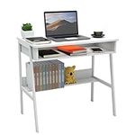 SOPRANNOMIN W80CM 32Inch Small Desk for Small Space Wood Desk with Storage Shelf Simple Desk Work Station Carbon Steel Leg Laptop Table Computer Desk Writing Table Study Bedroom Office White Desk