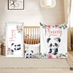 Duckbe Custom Crib Bedding Set - Panda Design Personalized Name Baby Nursery Bedding 3 Pcs Set - Chic Soft Blanket, Sheet, Pillowcase for Newborns Boys Girls Gifts Color14
