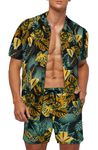 Men's Hawaiian Shirt and Shorts Set Tropical Floral Beach Shirt Set Casual Aloha Hawaiian Short Sleeve Suits Summer Party Button Down Flower Shirt 2 Piece Outfits Yellow XL