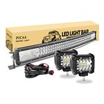 PICAA LED Light Bar,7D Curved Tri-Row 32inch 405W Spot Flood Combo Beam LED Work Lights Bar Lamp with 2X 4inch 60W LED Pods Driving Boat Lights for Car Truck Offroad Driving Lamp SUV UTE 4WD 12V