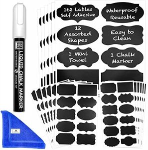 Chalkboard Labels for Jars 162pcs - Waterproof Reusable Chalk Sticker Labels for Containers Storage Jars - 12 Unique Shapes & 3 Sizes Includes Erasable Liquid Chalk Marker & Mini Towel (Pack of 162)