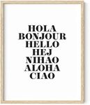 RipGrip Hello In Different Words Art Print - Minimalist Themed Home Office Apartment Wall Decor, Black and White Typography Poster, Frameable Poster Wall Decoration (Beige Frame, 16x20)