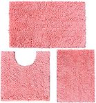 RUN HELIX Chenille Bath Mat, Non Slip Extra Soft Bath Toilet Mat 3 Pieces, Super Absorbent Bath Rug for Bathroom, Bedroom, Shower and Tub, Washable Quick Drying Bathroom Mat Pink