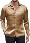 COOFANDY Luxury Silk Dress Shirt for Men Satin Long Sleeve Casual Shirts Wedding Prom (Gold, Large)