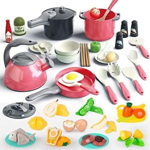 Bruvoalon 67Pcs Kids Play Kitchen Toys Set, Toddlers Pretend Cooking Playset Acccessories with Pots Pans, Utensils Cookware, Foods, Canned Veges, Learning Gift for Kids Girls Boys (Red)