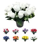 12 White Roses | 25cm Grave Flower Pots | Artificial Flowers For Graves | Cemetery & Floral Decorations | Grave Flowers | Artificial Flowers | New Improved Design & Quality (12 White Roses)