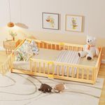 Meulbaty 190 x 90 cm Toddler Floor Bed, Montessori Floor Bed with Rails & Lockable Door, Twin Size Kid Beds for Toddlers 1-3 Years Old - Natural Wood