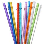 ALINK 12-Pack Glitter Reusable Clear Plastic Straws, 11" Long Hard Tumbler Drinking Straws with Cleaning Brush (10 Colors)