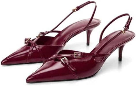 MICIFA Slingback Kitten Heels for Women Pointed Toe Stiletto Heels Slip On Pumps with Buckled Straps Dress Work Heeled Sandals, 1-burgundy, 8