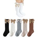 Machare Baby Girls Knee High Socks Baby Girls Bow Stockings Cotton Uniform Stockings Dress Socks 5 Pack,Black/White/Grey/Khaki/Coffee 1-2T