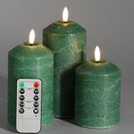 Eywamage Dark Green Flameless Pillar Candles with Remote, Flickering Real Wax LED Battery Candles Set of 3