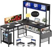 Unikito Computer Desk with LED Strip and Power Outlets, Reversible Corner Desk with Storage Shelves and Bag, Industrial Home Office Gaming Table with USB Port, Black