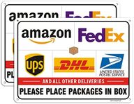 2 Pack Package Delivery Sign for Outside, Please Place Packages in Box - Amazon, DHL, UPS, USPS Delivery Instructions Metal Signs - (10" x 7") Rust Free Aluminum, Waterproof Indoor/Outdoor Use