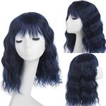 Leeven 12" Ombre Blue Synthetic Wigs with Bangs Short Wavy Bob Style Wigs for Women Heat Resistant Shoulder Length Hair Wig Blue Cosplay Wig (1BBLUE#)