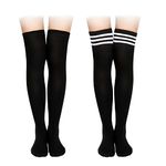 2 Pairs Thigh High Socks, Soft Cotton Soft Knee High Socks Long Stockings for Women Girls Daily Wear (Black and White Stripes, Pure Black)