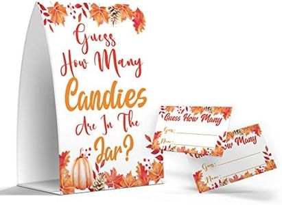 Guess How Many Candy Are In The Jar - Candy Guessing Game, Thanksgiving Party Games, 1 Sign and 50 Game Cards, Fall Maple Leaf, Pumpkin, Baby Shower Games, Birthday Party -GH004