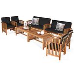 Tangkula 8 PCS Outdoor Acacia Wood Sofa Set with Water Resistant Cushions, Padded Patio Seating Chat Set w/Coffee Table for Garden, Backyard, Poolside (2, Black)