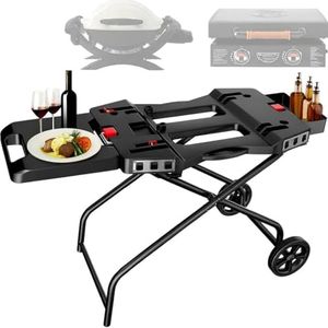 QuliMetal Portable Grill Cart for 17" & 22" Blackstone Griddles and Weber Q1000, Q1200, Q2000, Q2200 Series Grills - Durable, Foldable Cart Table with Wheels Hooks，BBQ Prep Table with Seasoning Tray