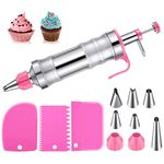 BlueDirects Dessert Decorating Syringe, Stainless Steel Dessert Decorator Cake Decorating Tool, with 6 Pieces Piping Icing Nozzles, Syringe Nozzles Kits for Cookies Cake Dessert Decoration