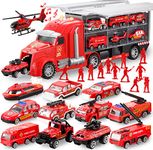 JOYIN 25 in 1 Die-cast Fire Truck Vehicle Toy Set with Sounds and Lights, Fire Engine Vehicles in Carrier Truck, Mini Rescue Emergency Fire Truck Car Toy, Birthday Gifts for Over 3 Years Old Boys