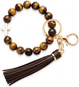 Elystara Brown Tiger Eye Stone Cross Keychain Wristlet for Women, Beaded Keychain with Tassel, Key Ring Bracelet for Car Keys, Western Boho Neutral Bracelet Keychain