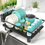 JD FRESH Dish Drying Rack with Drainer Tray | Steel Bartan Stand for Kitchen | Anti-Rust, Smart Drain Outlet | Detachable Cutlery Holder | Countertop Utensils Organizer | Black (42x32x13 CM)