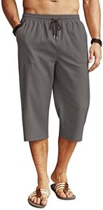 COOFANDY Men's Linen Capri Pants Casual Lightweight 3/4 Baggy Pants Drawstring Elastic Waist Beach Yoga Pants with Pockets Dark Grey