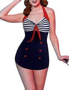 Ekouaer Womens One Piece Swimsuits Vintage Striped Skirt Bathing Suit Vintage Retro Push Up Swimwear Blue