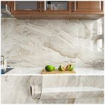 VEELIKE Glossy Beige Marble Effect Wallpaper 40cm×900cm Marble Vinyl Wrap for Kitchen Worktop Covering Backaplash Bathroom Counter Top Vinyl Covering Waterproof Wallpaper Bedroom Livingroom Removable