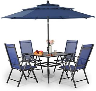 MFSTUDIO 6 Pieces Patio Dining Sets with Umbrella, Heavy Duty Square Metal Table with 4 Adjustable Folding Textilene Chair (Blue) and one 10 Ft Patio Umbrella (Blue), Outdoor Furniture for 4