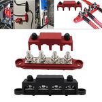 AULESSE 12V-48V DC Bus Bar Power Distribution Block 5/16" (M8) 4 Studs Heavy Duty Busbar Stud Terminal Junction Block with Cover and Ring Terminals 250 Amp for Cars RVs Ships Yachts (Red+Black)