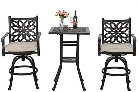 MFSTUDIO 3 PCS Retro Cast Aluminum Patio Bar Set with 2 Swivel Bar Height Stool and 1 Bar Square Table, All Weather Resistant Outdoor Table and Chairs Set